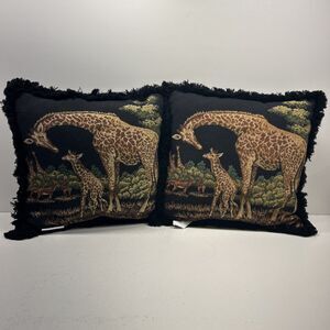 Vintage Pair Of Tapestry Pillow Giraffes Safari 16” Black Fringe Ashford Court